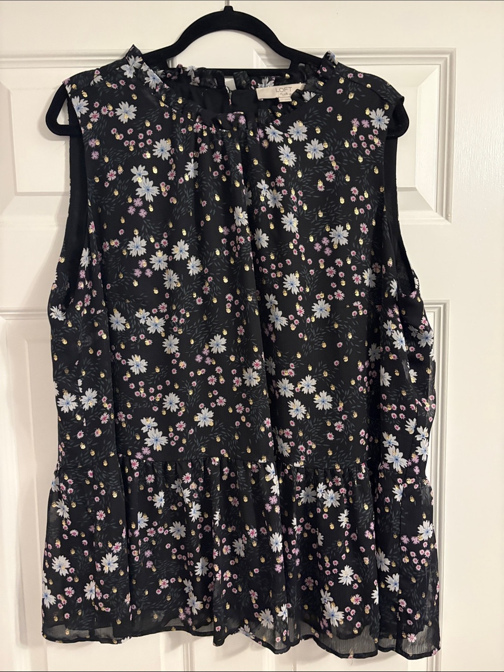 LOFT Plus Black Floral Top with Light Blue and Pink Accents
